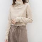 Turtleneck Striped Long-sleeve T-shirt Beige - One Size