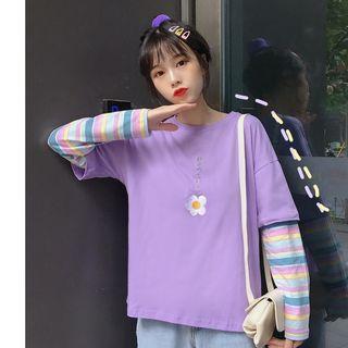Mock Two-piece Long-sleeve Embroidered T-shirt As Shown In Figure - One Size