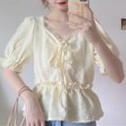 Puff-sleeve Mesh Trim Ruffled Blouse