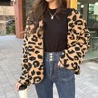 Round-neck Leopard Fleece Jacket Brown - One Size