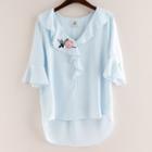 Flounced Embroidered Elbow-sleeve T-shirt