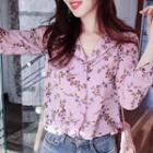 V-neck Ruffle-cuff Floral Blouse