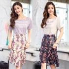 Set: Lettering Short-sleeve T-shirt + Floral A-line Skirt