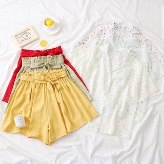 Set: Fruit-print V-neck Shirt + High-waist Shorts With Sash
