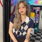 Short-sleeve Polo-neck Argyle Knit Cropped Top Blue & Gray - One Size