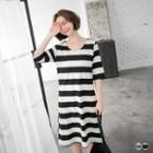 Roll-up Cuff Stripe V-neck Longline Dress