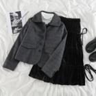Plain Button Coat / Tiered Midi A-line Skirt