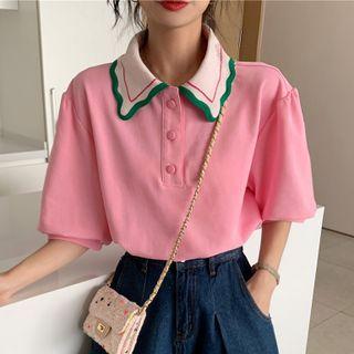 Puff-sleeve Contrast Collar Polo Shirt