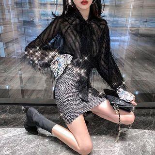 Long-sleeve Fringed Tie-neck Shirt