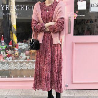 Floral Print Long-sleeve Midi Crinkle Dress As Shown In Figure - One Size
