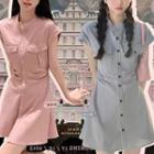 Short-sleeve Pocket Detail Button-up Mini A-line Dress