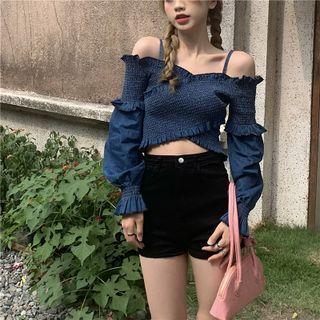 Cold-shoulder Smocked Blouse Blue - One Size