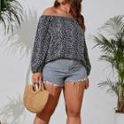 Plus Size Long-sleeve Off-shoulder Leopard Print Top