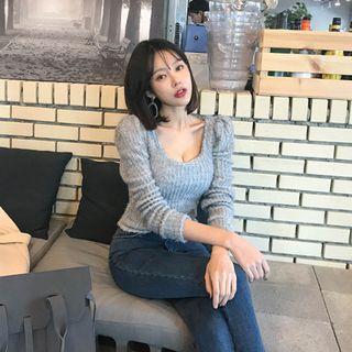 Scoop-neck Puff-shoulder Sweater