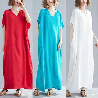 Plain Short-sleeve Maxi Shift Dress
