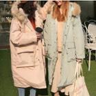 Furry-trim Hooded Padded Buttoned Long Coat