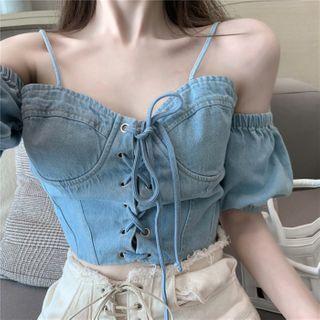 Puff-sleeve Cold-shoulder Denim Crop Top Blue - One Size