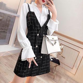 Set: Bell-sleeve Blouse + Spaghetti Strap Mini Plaid Dress