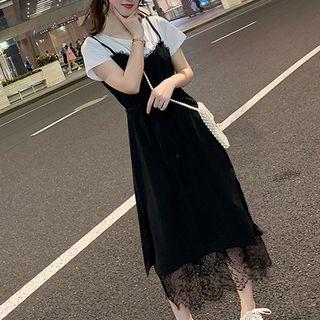 Mock Two-piece Short-sleeve Midi Lace Dress