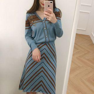 Set: Embellished Cropped Cardigan + Stripe Skirt
