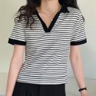 Striped Short-sleeve V-neck Polo Shirt