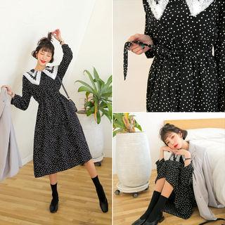 Laced-collar Dotted Midi Dress With Sash One Size