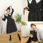 Laced-collar Dotted Midi Dress With Sash One Size