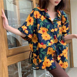 Short-sleeve Printed Oversized Hawaiian Shirt Blue & Yellow - One Size