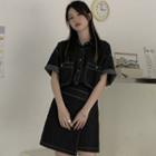 Elbow-sleeve Denim Shirt / Asymmetrical Denim Mini A-line Skirt