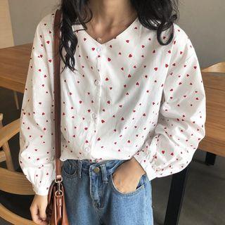 V-neck Heart Print Blouse White - One Size