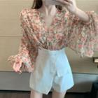 Long-sleeve Floral Print Chiffon Blouse / High-waist Shorts