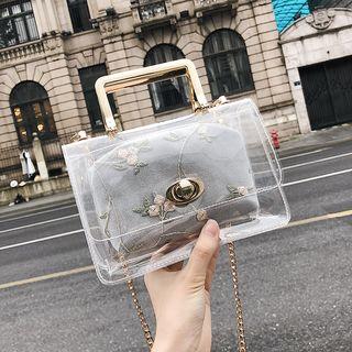 Metal Handle Clear Crossbody Bag With Embroidered Zipper Bag