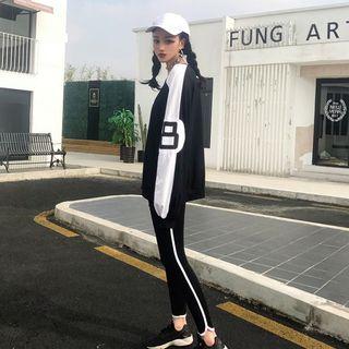 Long-sleeve Number Print T-shirt / Cropped Contrast-trim Leggings