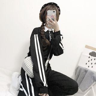 Contrast Trim Long-sleeve Polo Shirt / Wide Leg Pants