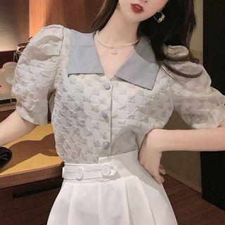 Short-sleeve Cold Shoulder Checkered Blouse