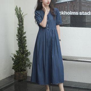 Elbow-sleeve V-neck Denim Midi A-line Dress Dark Blue - One Size