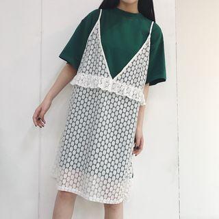 Set: Plain Elbow Sleeve T-shirt Dress + Lace Slipdress