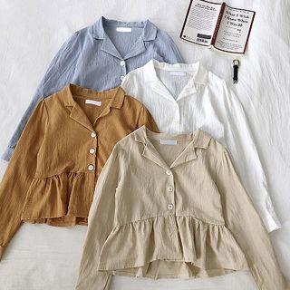 Plain Single-breasted Ruffled-trim Blouse