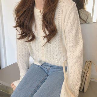Plain Crewneck Perforated Long-sleeve Cardigan