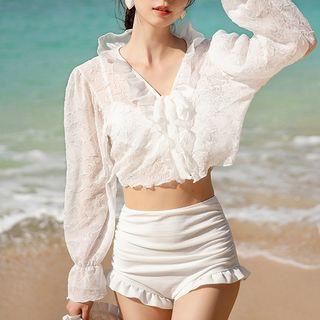 Set: Bikini Top + Bottom + Frill Trim Coverup Jacket