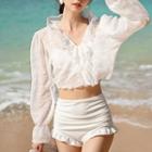 Set: Bikini Top + Bottom + Frill Trim Coverup Jacket