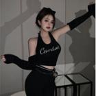 Halter-neck Lettering Cropped Camisole Top / Mini Bodycon Dress / Arm Sleeves / Set