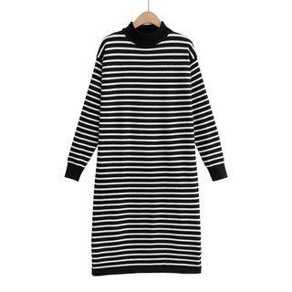 Striped Long-sleeve Knit Shift Dress Stripes - Black & White - One Size