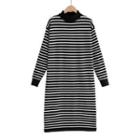 Striped Long-sleeve Knit Shift Dress Stripes - Black & White - One Size