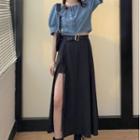Front-zip Puff-sleeve Cropped Denim Blouse / Slit Midi A-line Skirt
