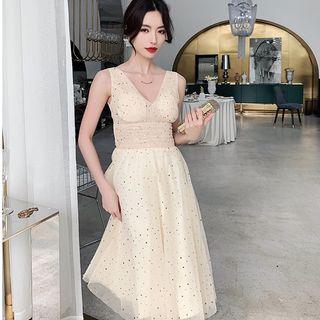 V-neck Sequined Sleeveless Ruched Cocktail Dress
