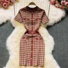 Short Sleeve Houndstooth Knit Dress Tangerine Red - One Size