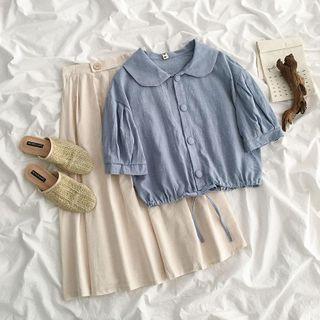 Short-sleeve Tie-waist Plain Blouse / High-waist Plain A-line Skirt Top - Blue - One Size