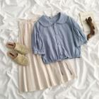 Short-sleeve Tie-waist Plain Blouse / High-waist Plain A-line Skirt Top - Blue - One Size