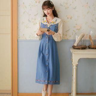 Floral Blouse / Overall Denim Midi A-line Dress / Set